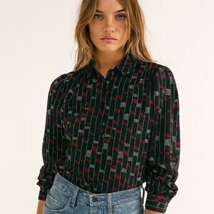 Vintage 80s Judy Bond Geometric Button Up Blouse M